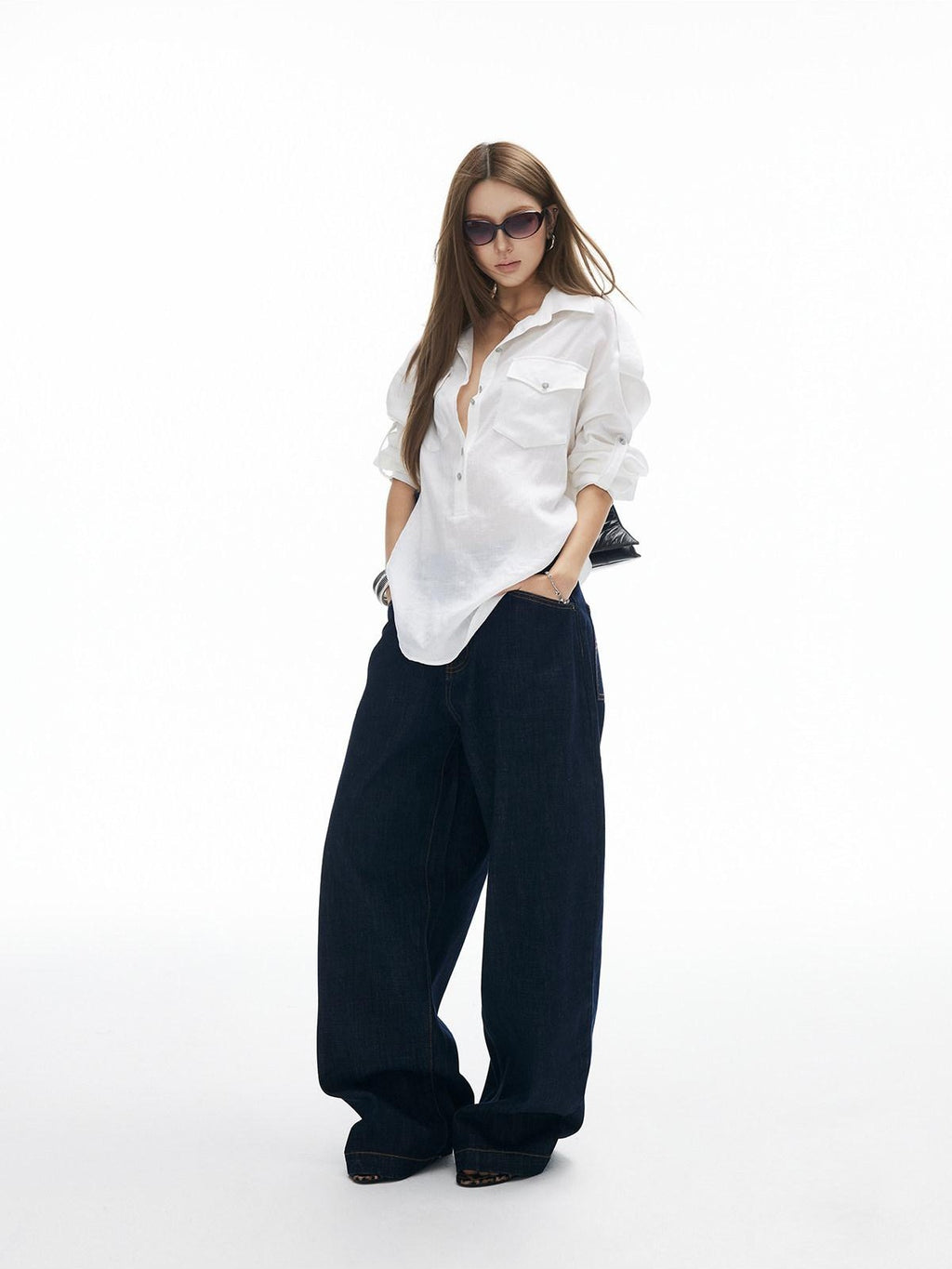 iamxiaa Adjustable Sleeve Tab Back Waist Tie Handmade Metal Buttons Women's Shirts
