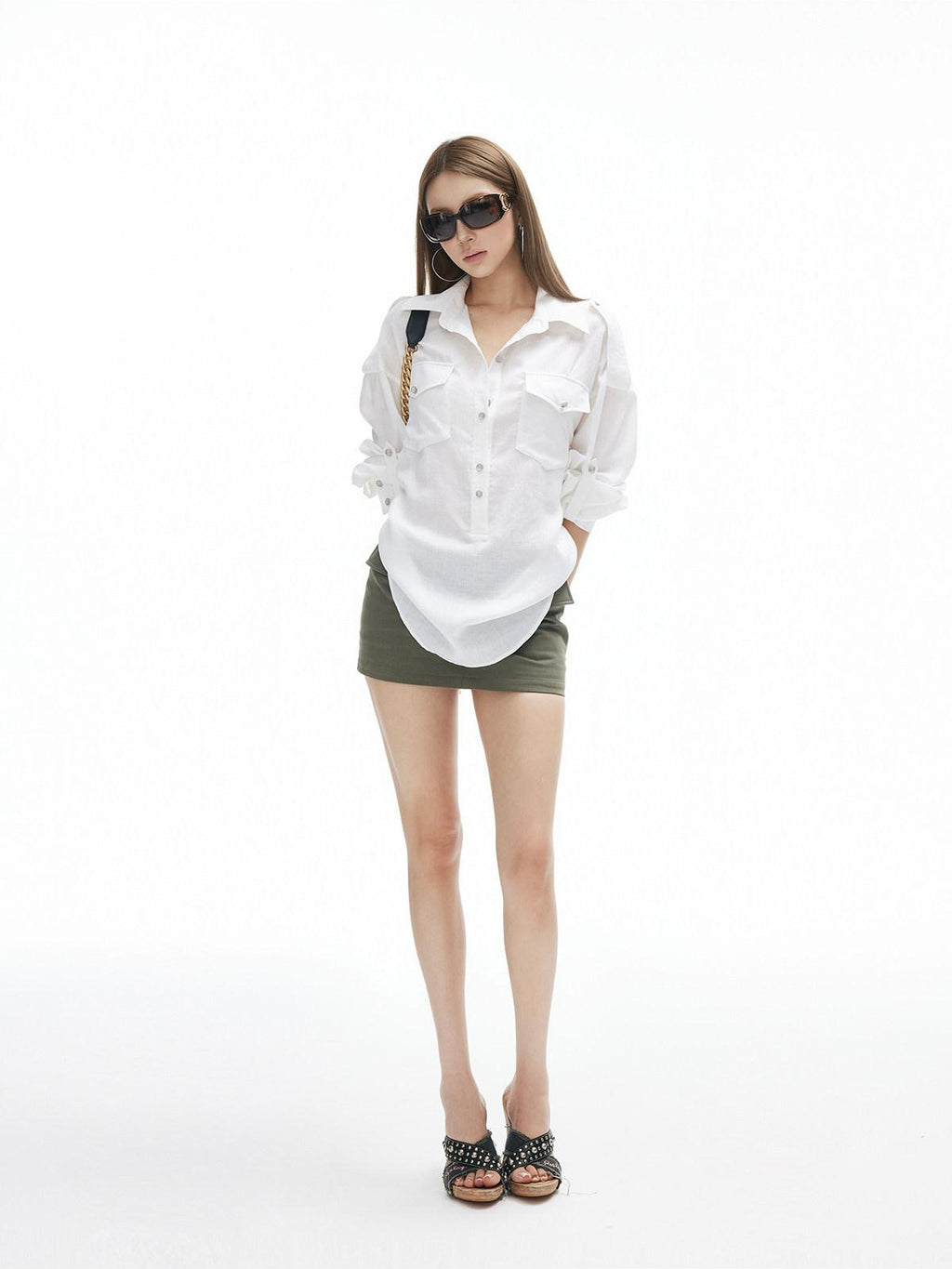 iamxiaa Adjustable Sleeve Tab Back Waist Tie Handmade Metal Buttons Women's Shirts