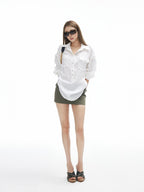 iamxiaa Adjustable Sleeve Tab Back Waist Tie Handmade Metal Buttons Women's Shirts