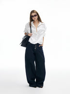 iamxiaa Adjustable Sleeve Tab Back Waist Tie Handmade Metal Buttons Women's Shirts
