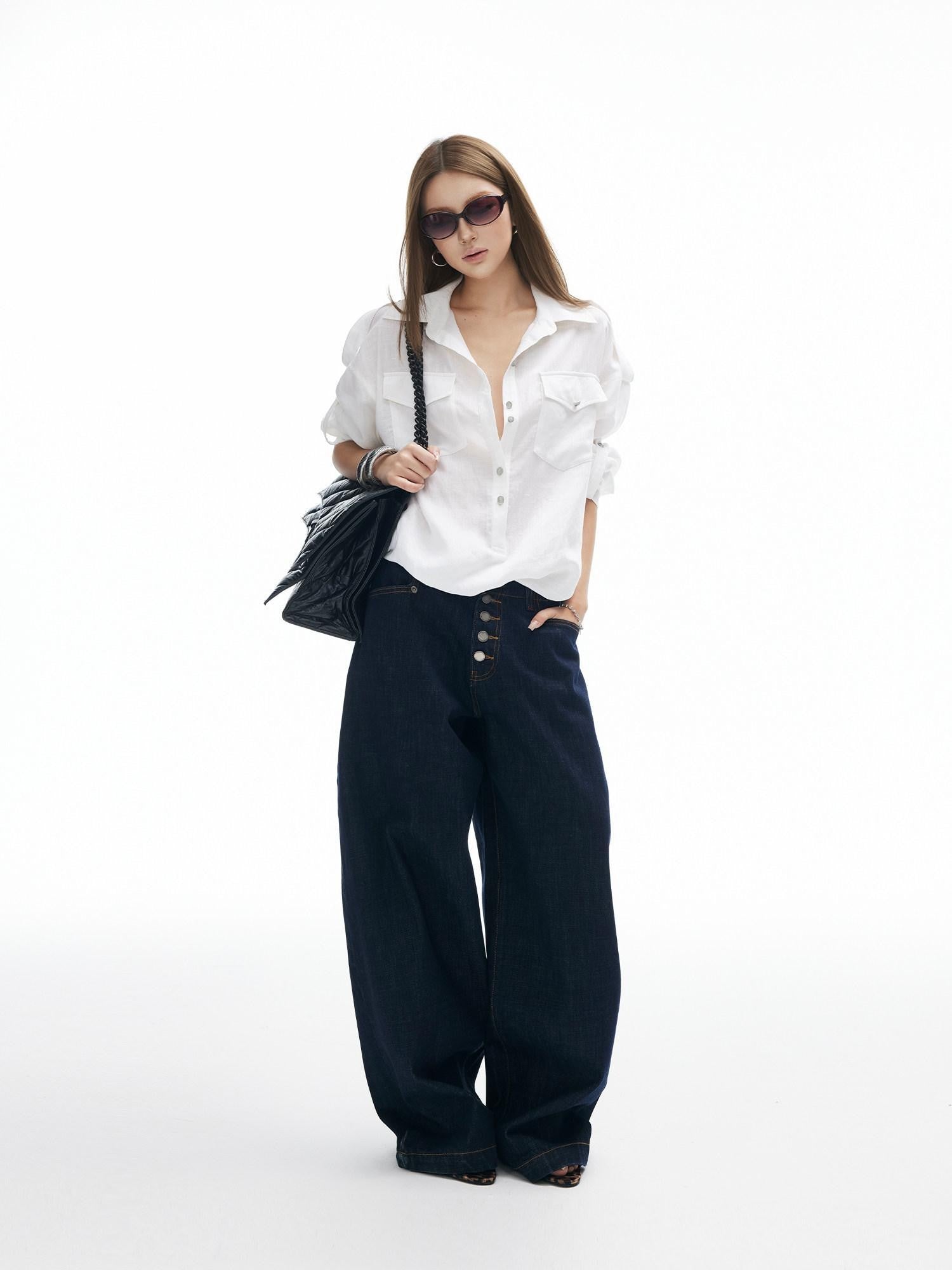 iamxiaa Adjustable Sleeve Tab Back Waist Tie Handmade Metal Buttons Women's Shirts