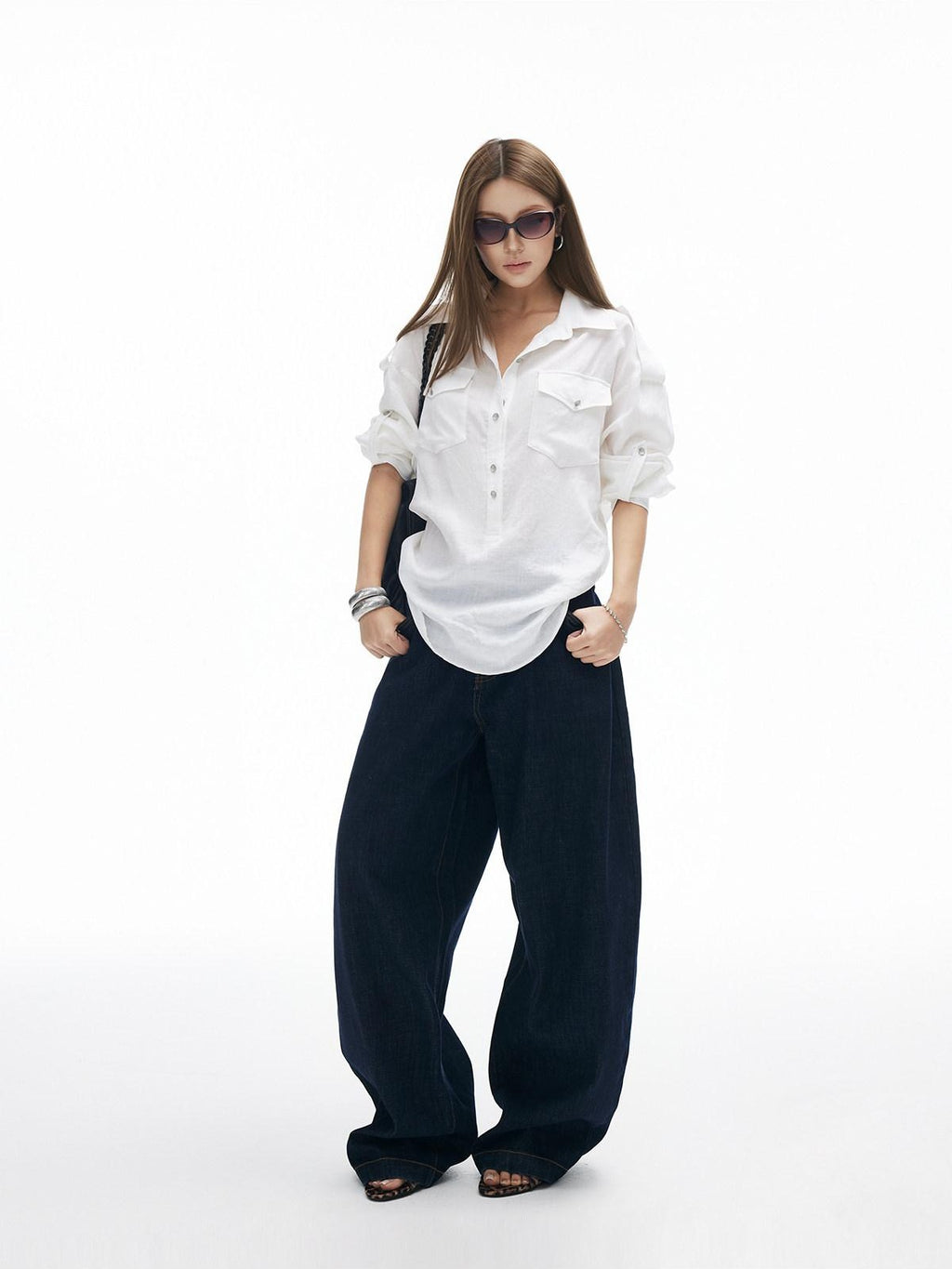 iamxiaa Adjustable Sleeve Tab Back Waist Tie Handmade Metal Buttons Women's Shirts