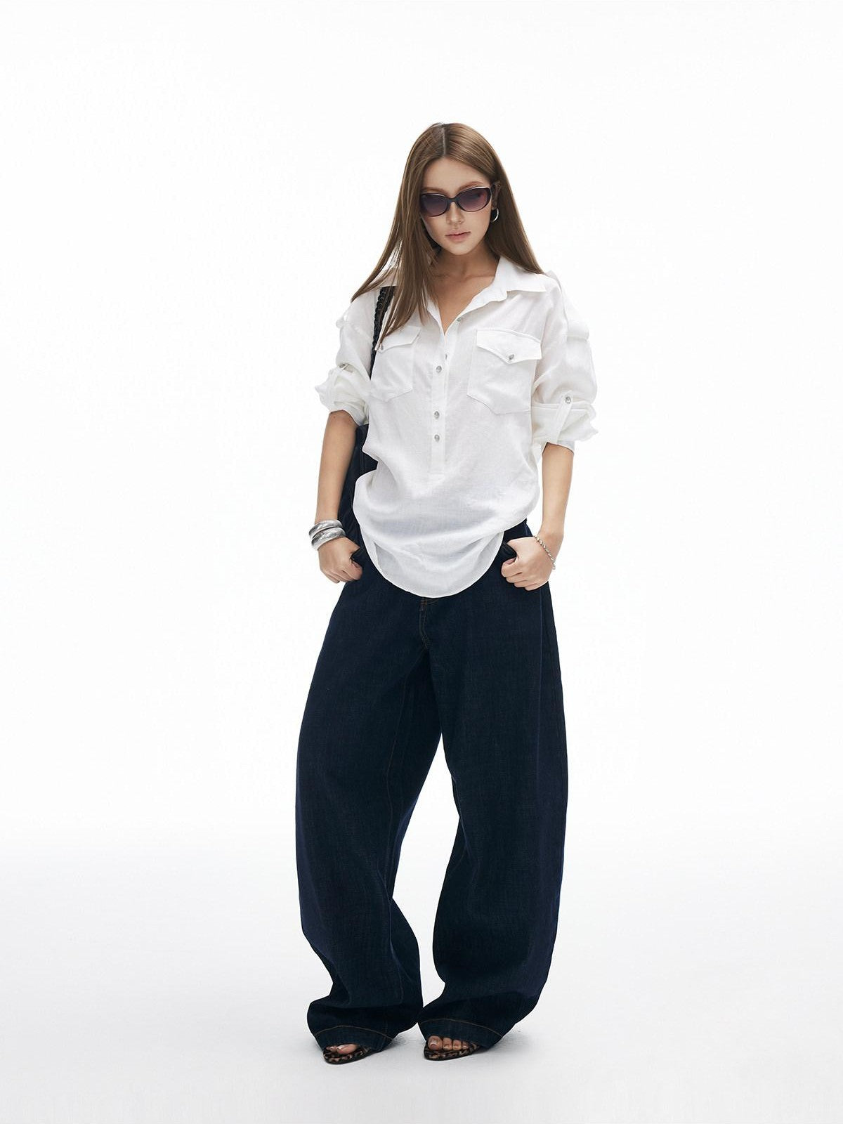 iamxiaa Adjustable Sleeve Tab Back Waist Tie Handmade Metal Buttons Women's Shirts