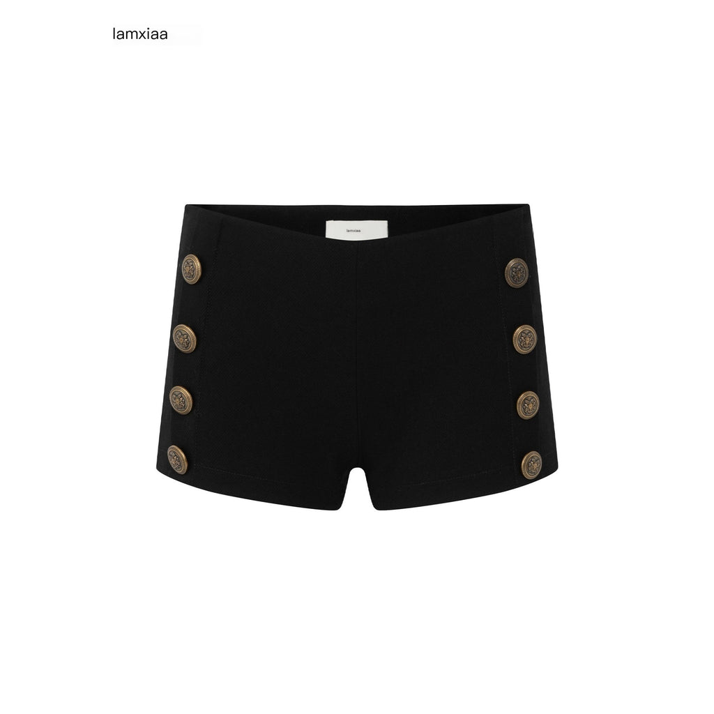 iamxiaa Antique Brass Embossed Buttons Low Waist Women's Twill Slim Short Trousers 979034692368