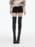 iamxiaa Antique Brass Embossed Buttons Low Waist Women's Twill Slim Short Trousers