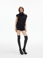 iamxiaa Antique Brass Embossed Buttons Low Waist Women's Twill Slim Short Trousers