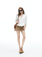 iamxiaa Antique Bronze Button Faux Two Piece Double Waist Women's Corduroy Mini Skirts