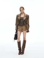 iamxiaa Antique Bronze Button Faux Two Piece Double Waist Women's Corduroy Mini Skirts