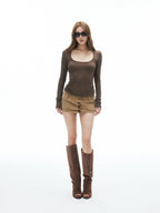iamxiaa Antique Bronze Button Faux Two Piece Double Waist Women's Corduroy Mini Skirts