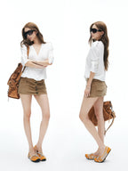 iamxiaa Antique Bronze Button Faux Two Piece Double Waist Women's Corduroy Mini Skirts