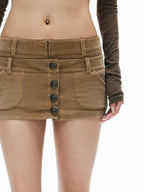 iamxiaa Antique Bronze Button Faux Two Piece Double Waist Women's Corduroy Mini Skirts