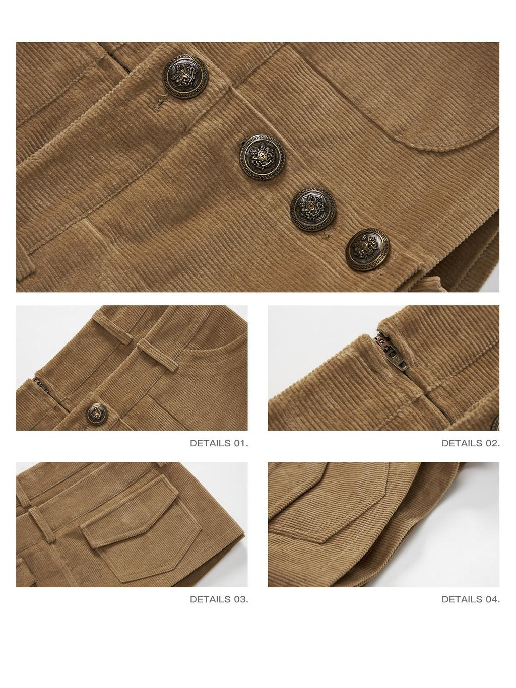 iamxiaa Antique Bronze Button Faux Two Piece Double Waist Women's Corduroy Mini Skirts