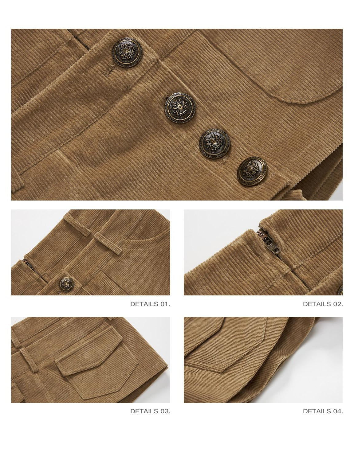 iamxiaa Antique Bronze Button Faux Two Piece Double Waist Women's Corduroy Mini Skirts
