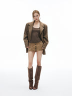 iamxiaa Antique Bronze Button Faux Two Piece Double Waist Women's Corduroy Mini Skirts