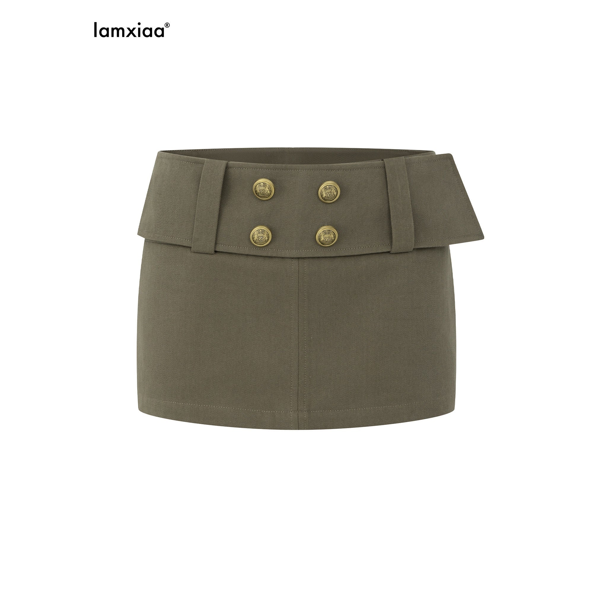 iamxiaa Army Green Twill Metal Buckle Wide Waistband Fitted Women's Cotton Mini Skirts 950257398237