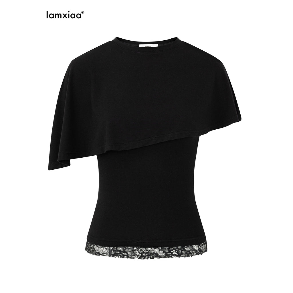 iamxiaa Asymmetric Cape Two Piece Off Shoulder Bustier Women's Lace Short Sleeve T-shirts 1050153690170