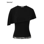 iamxiaa Asymmetric Cape Two Piece Off Shoulder Bustier Women's Lace Short Sleeve T-shirts 1050153690170