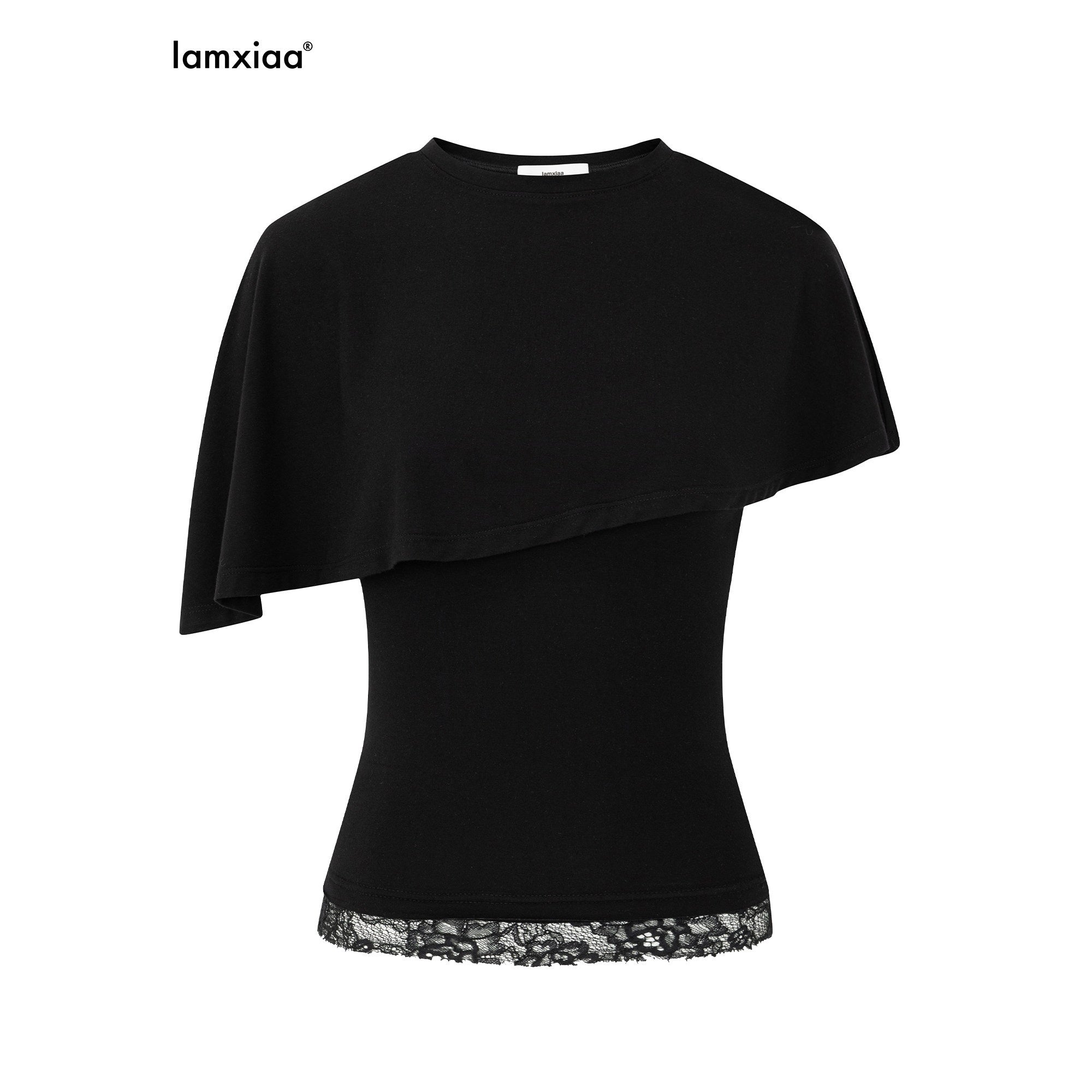 iamxiaa Asymmetric Cape Two Piece Off Shoulder Bustier Women's Lace Short Sleeve T-shirts 1050153690170