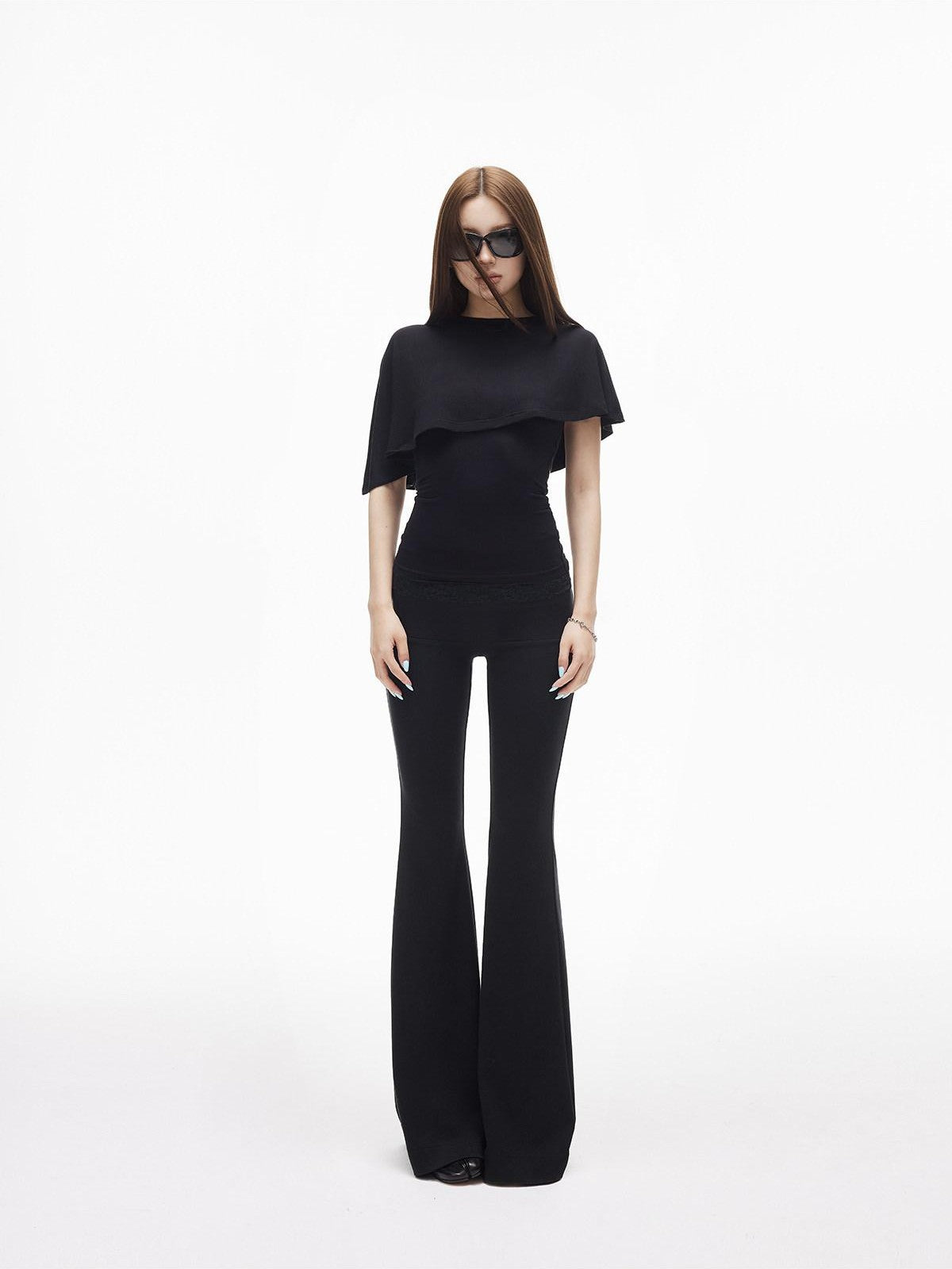 iamxiaa Asymmetric Cape Two Piece Off Shoulder Bustier Women's Lace Short Sleeve T-shirts
