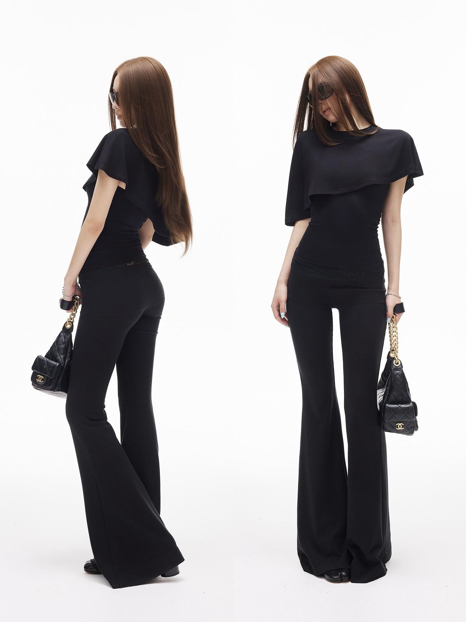 iamxiaa Asymmetric Cape Two Piece Off Shoulder Bustier Women's Lace Short Sleeve T-shirts