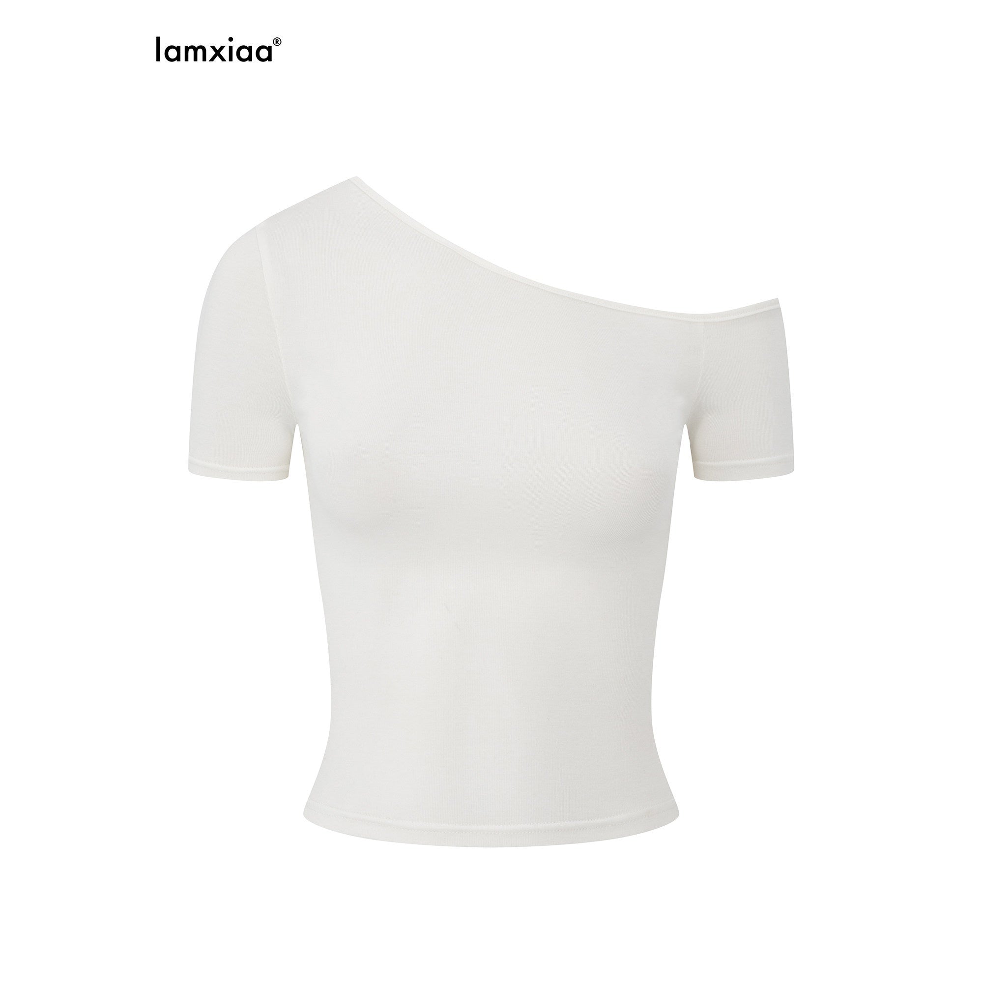 iamxiaa Asymmetric Slanted Off Shoulder Women's Lyocell Slim Fit Short Sleeve T-shirts 935459859339