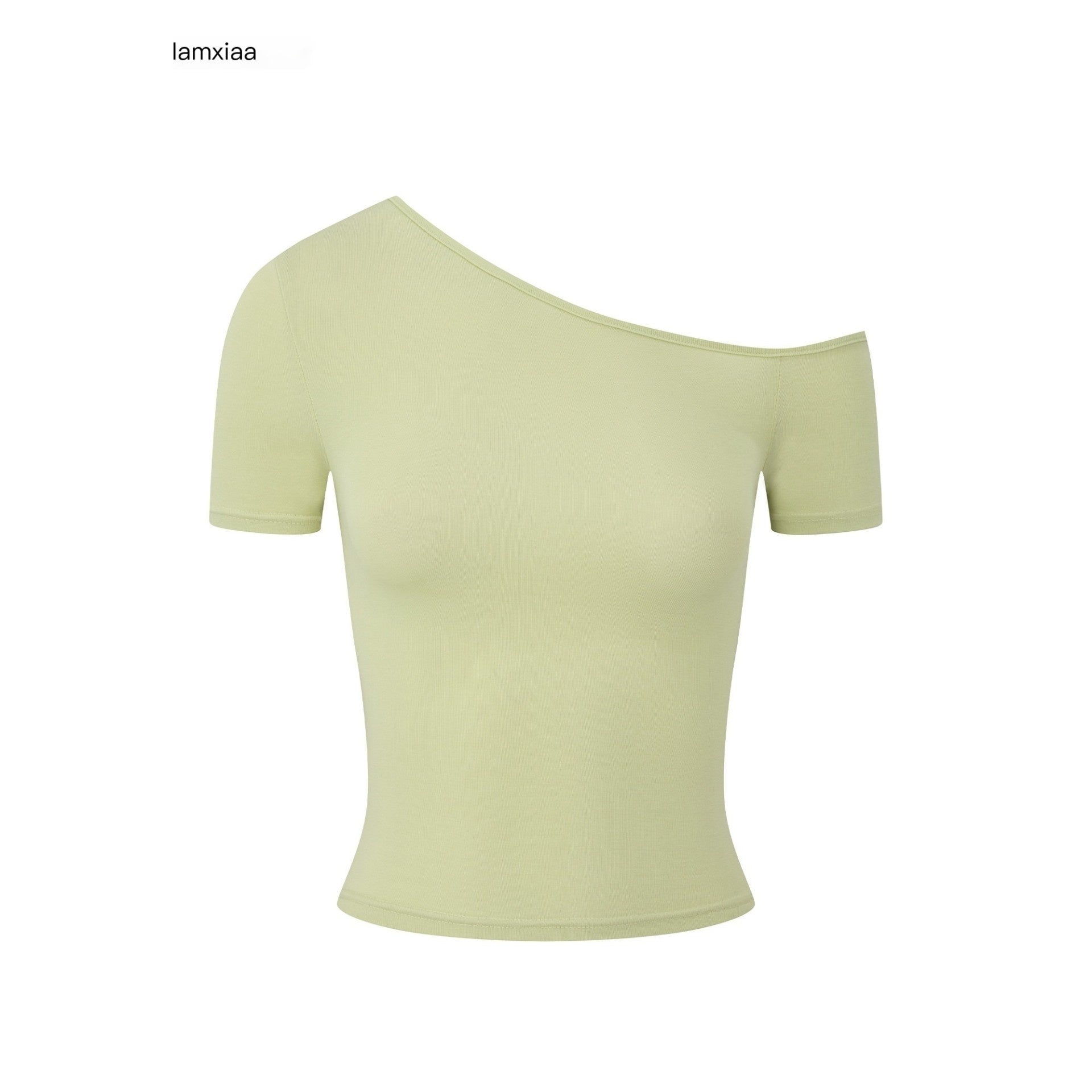 iamxiaa Asymmetric Slanted Off Shoulder Women's Lyocell Slim Fit Short Sleeve T-shirts 935459859339