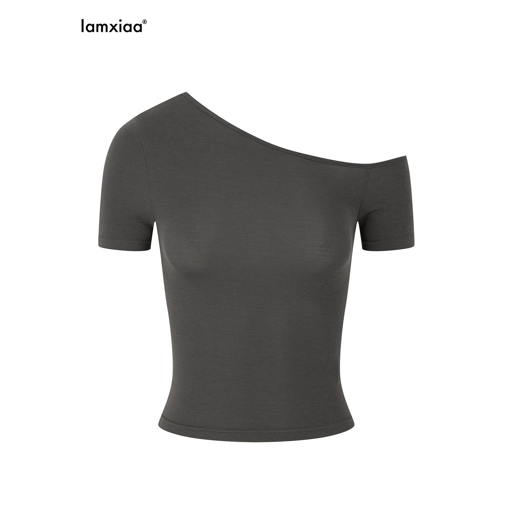 iamxiaa Asymmetric Slanted Off Shoulder Women's Lyocell Slim Fit Short Sleeve T-shirts 935459859339