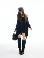 iamxiaa Asymmetrical Drapey Multiway Halter Off Shoulder Batwing Women's Knit Sweaters