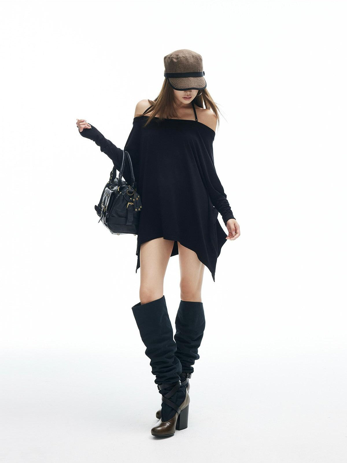 iamxiaa Asymmetrical Drapey Multiway Halter Off Shoulder Batwing Women's Knit Sweaters