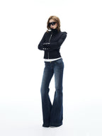 iamxiaa Asymmetrical Zip Distressed Button Stand Collar Cropped Women's Cotton Hoodies