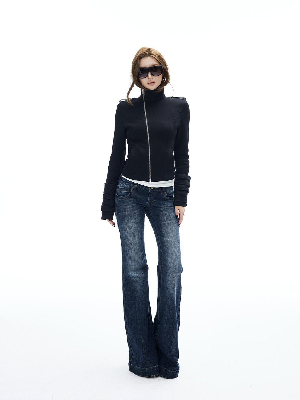 iamxiaa Asymmetrical Zip Distressed Button Stand Collar Cropped Women's Cotton Hoodies