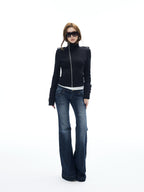 iamxiaa Asymmetrical Zip Distressed Button Stand Collar Cropped Women's Cotton Hoodies