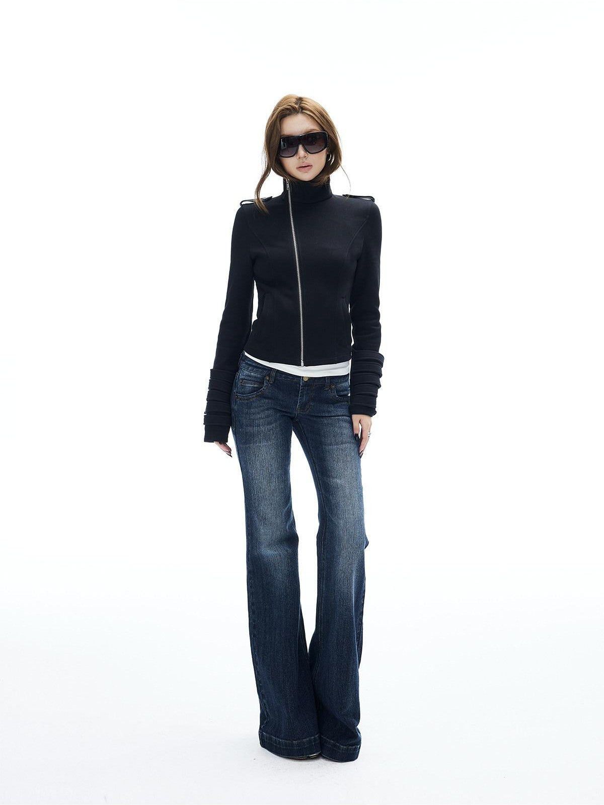 iamxiaa Asymmetrical Zip Distressed Button Stand Collar Cropped Women's Cotton Hoodies