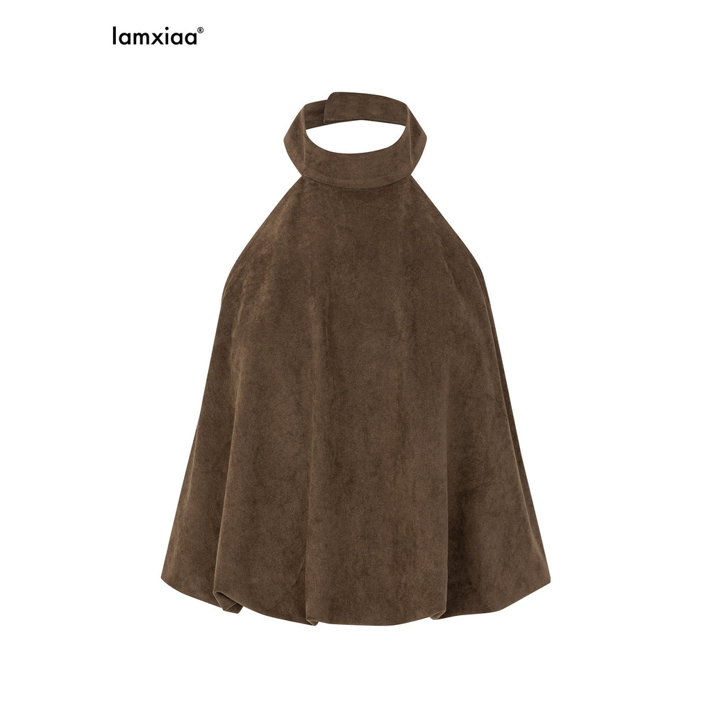 iamxiaa Backless Halter Tulip Low Waist Fitted Mini Women's Matte Suede Top & Skirt Sets 1031290121582