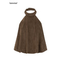 iamxiaa Backless Halter Tulip Low Waist Fitted Mini Women's Matte Suede Top & Skirt Sets 1031290121582