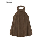 iamxiaa Backless Halter Tulip Low Waist Fitted Mini Women's Matte Suede Top & Skirt Sets 1031290121582