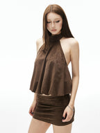 iamxiaa Backless Halter Tulip Low Waist Fitted Mini Women's Matte Suede Top & Skirt Sets