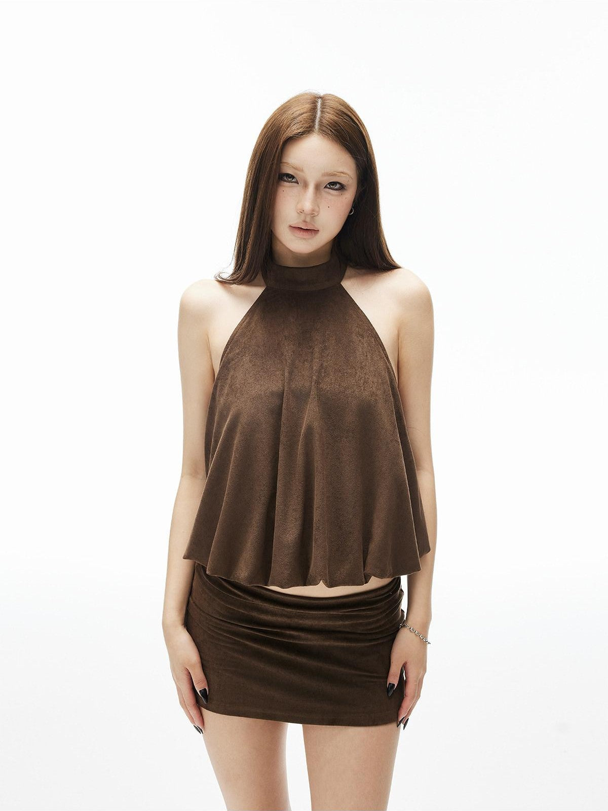iamxiaa Backless Halter Tulip Low Waist Fitted Mini Women's Matte Suede Top & Skirt Sets