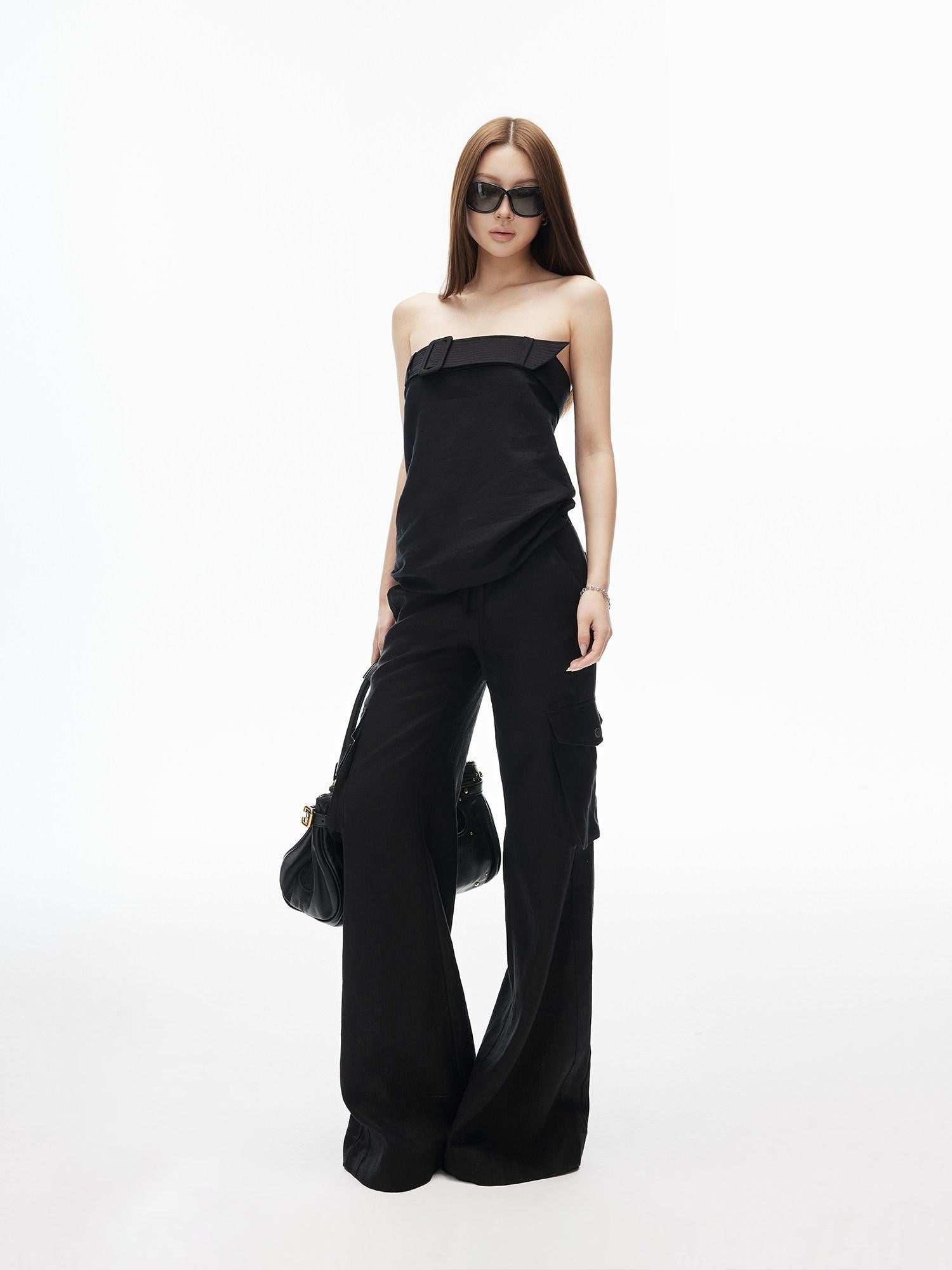 iamxiaa Bardot Wide Band Drawstring Hem Women's Cotton Linen Tube Tops / Bandeaus