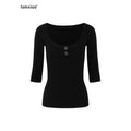 iamxiaa Bicolor U Henley Bone Button Slim Women's Knit Long Sleeve T-shirts 987986090891