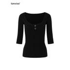iamxiaa Bicolor U Henley Bone Button Slim Women's Knit Long Sleeve T-shirts 987986090891