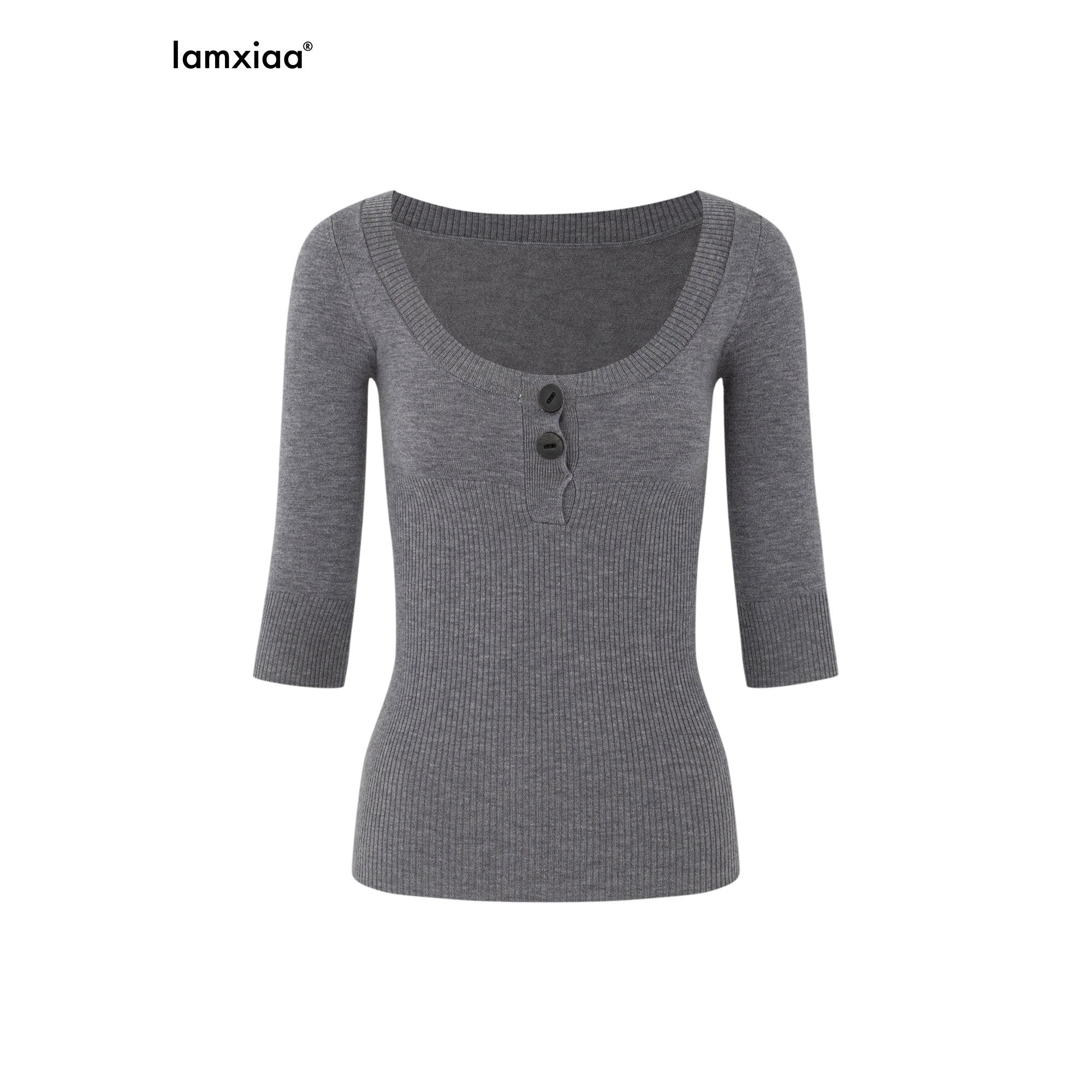 iamxiaa Bicolor U Henley Bone Button Slim Women's Knit Long Sleeve T-shirts 987986090891