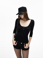 iamxiaa Bicolor U Henley Bone Button Slim Women's Knit Long Sleeve T-shirts