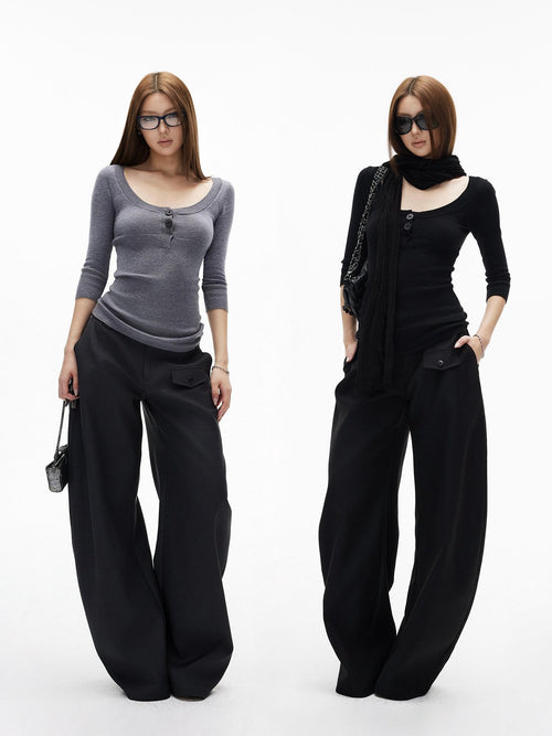 iamxiaa Bicolor U Henley Bone Button Slim Women's Knit Long Sleeve T-shirts
