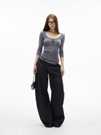 iamxiaa Bicolor U Henley Bone Button Slim Women's Knit Long Sleeve T-shirts
