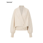 iamxiaa Black And White Vertical Rib Lantern Sleeves Toggle Women's Knit Cardigans 981482043009