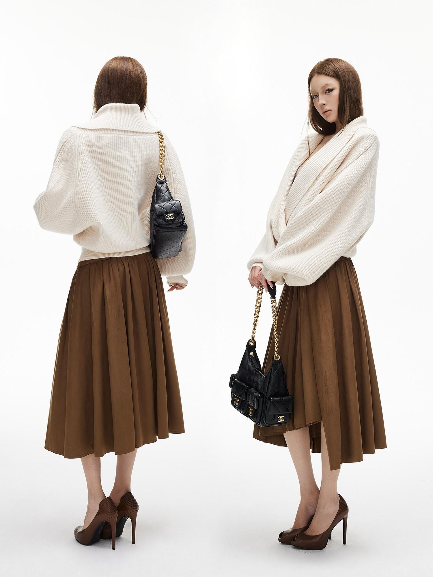 iamxiaa Black And White Vertical Rib Lantern Sleeves Toggle Women's Knit Cardigans