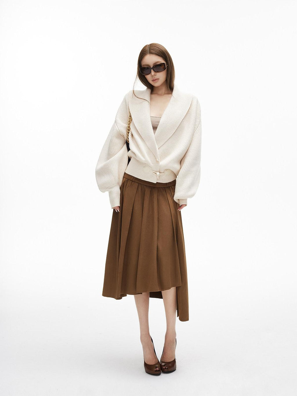 iamxiaa Black And White Vertical Rib Lantern Sleeves Toggle Women's Knit Cardigans