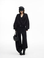 iamxiaa Black And White Vertical Rib Lantern Sleeves Toggle Women's Knit Cardigans