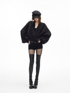iamxiaa Black And White Vertical Rib Lantern Sleeves Toggle Women's Knit Cardigans